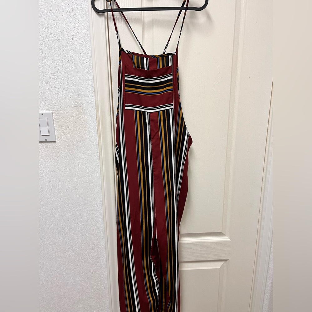 Burgundy Striped Overall Flowy Jumpsuit - Picture 2 of 4